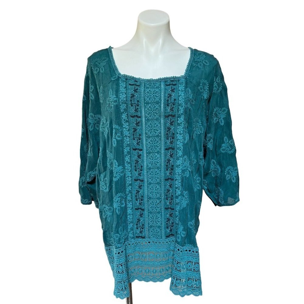 Johnny Was Womens 1X Teal Embroidered Lace Tunic Top Shirt Dress